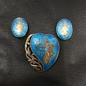 Vtg Siam Blue Enamel Sterling Silver Brooch set